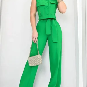 Jumpsuit - Elegante Stijl - Strikceintuur, Wijde Pijpen - Perfect voor Casual en Formele Gelegenheden