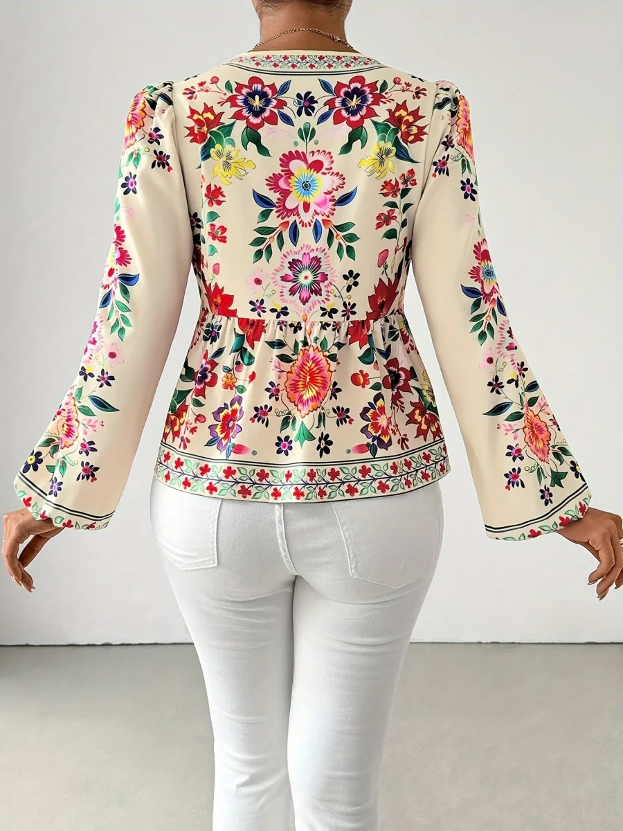 Floral Print Tie-Front Dames Blouse | Duurzaam - Must-Have - Stijlvol & Comfortabel - Lente/Zomer/Herfst - Afbeelding 4