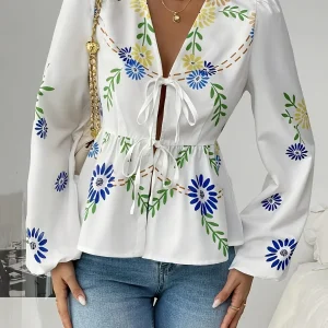 Floral Print V-Neck met Lantern Sleeves Dames Blouse | Duurzaam - Must-Have - Stijlvol & Comfortabel - Lente/Zomer/Herfst