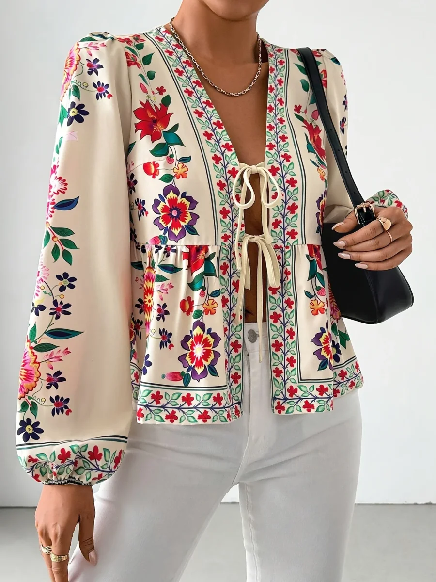 Floral Print Tie-Front Dames Blouse | Duurzaam - Must-Have - Stijlvol & Comfortabel - Lente/Zomer/Herfst - Afbeelding 5