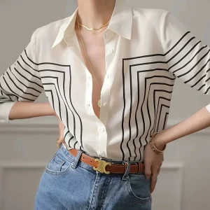 Striped Lapel Dames Blouse | Duurzaam - Must-Have - Stijlvol & Comfortabel - Lente/Zomer/Herfst